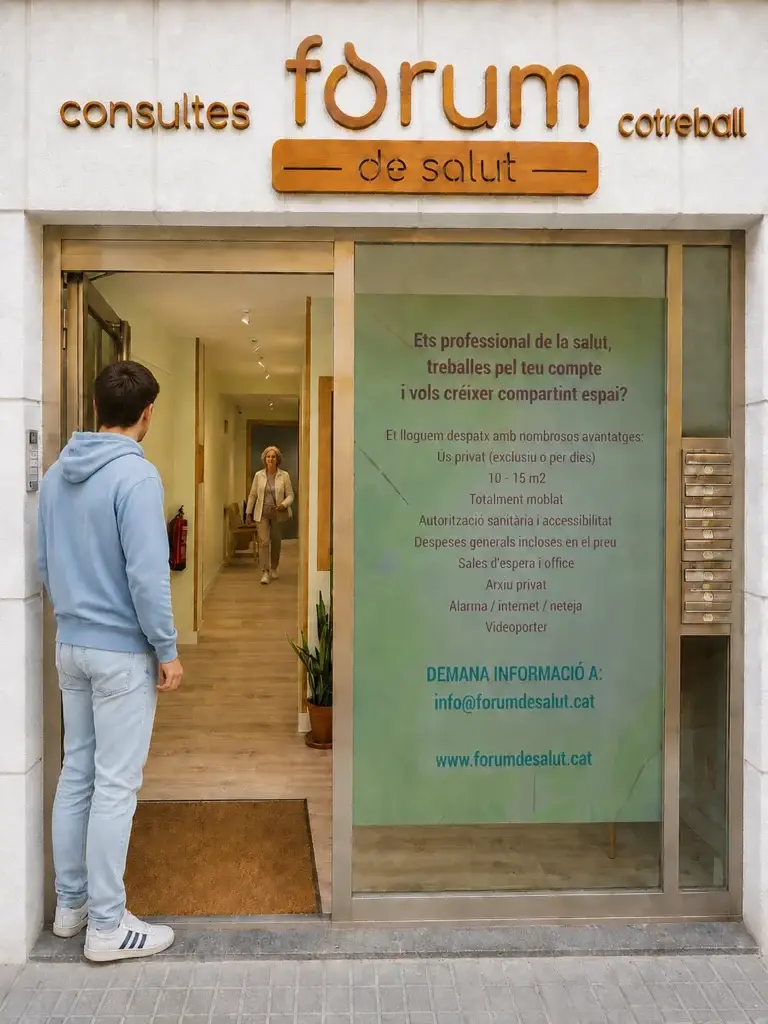 Porta principal del Fòrum de Salut amb persones entrant i sortint del centre sanitari.