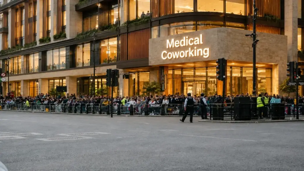 Edifici de coworking sanitari amb persones a l'exterior