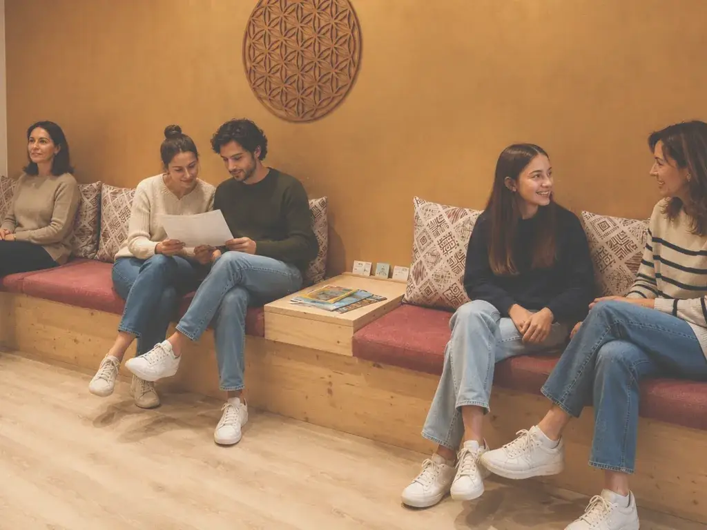 Professionals i usuaris a la sala d’espera del Fòrum de Salut a Barcelona