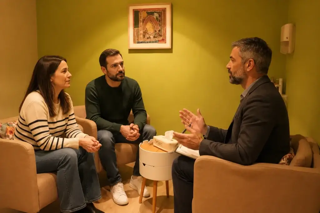 Parella en una sessió de teràpia de parella amb un psicòleg al Fòrum de Salut