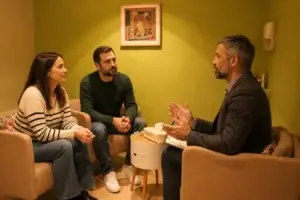 Parella en una sessió de teràpia de parella amb un psicòleg al Fòrum de Salut