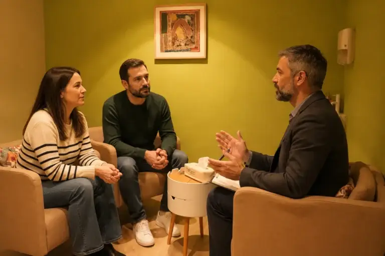 Parella en una sessió de teràpia de parella amb un psicòleg al Fòrum de Salut