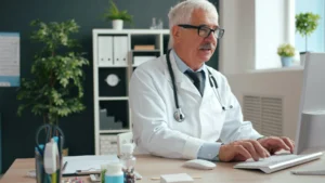Professional sanitari treballant davant de l'ordinador a la consulta