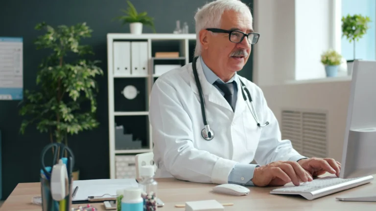 Professional sanitari treballant davant de l'ordinador a la consulta
