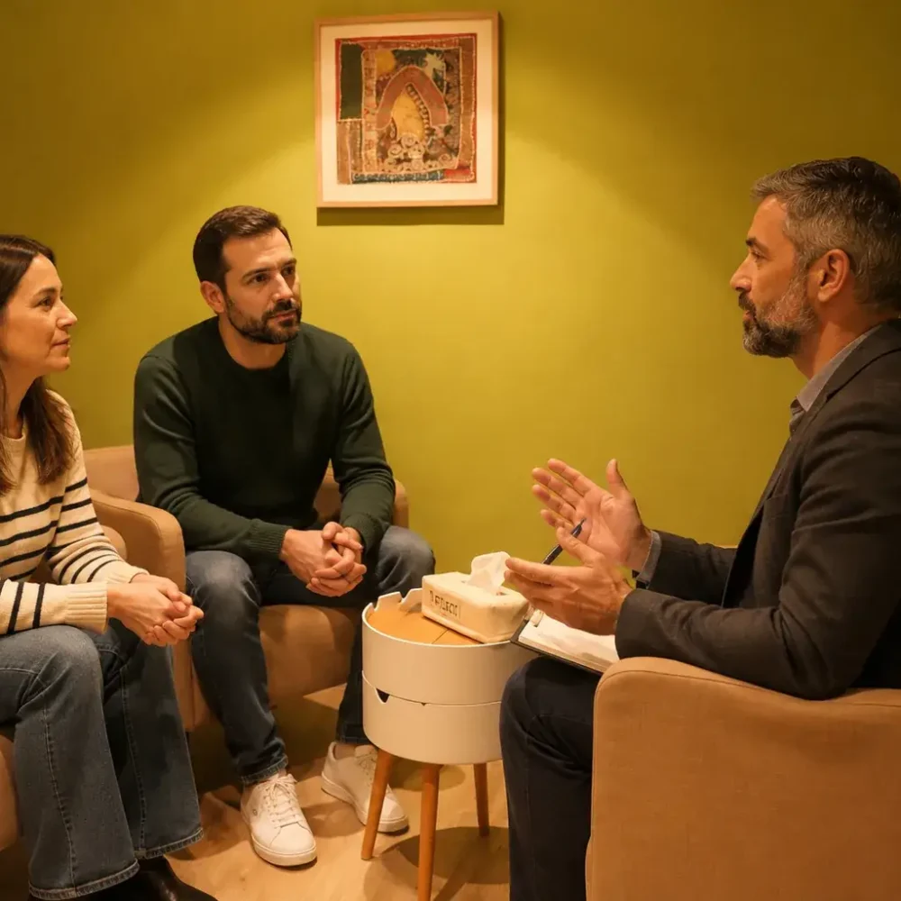Parella en una sessió de teràpia de parella amb un psicòleg al Fòrum de Salut